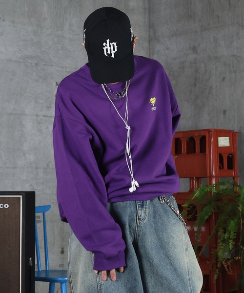 トレーナー スウェット AW 裏起毛 ハートワンポイント刺繍クルーネック