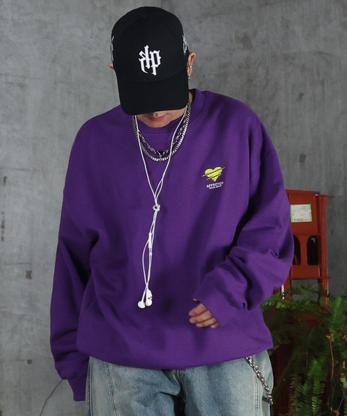 トレーナー スウェット AW 裏起毛 ハートワンポイント刺繍クルーネック