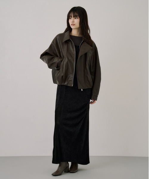 ブルゾン アウター コクーンレザーボンバージャケット｜アウター/レザーブルゾン/春服 レディースの画像