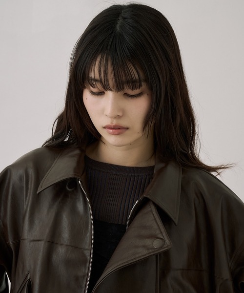 ブルゾン アウター コクーンレザーボンバージャケット｜アウター/レザーブルゾン/春服 レディースの画像