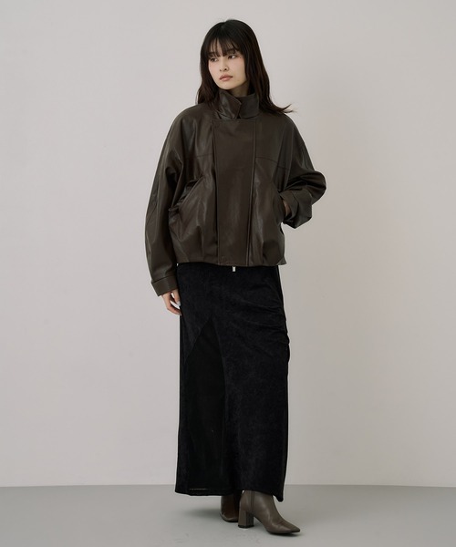 ブルゾン アウター コクーンレザーボンバージャケット｜アウター/レザーブルゾン/春服 レディースの画像