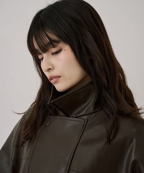ブルゾン アウター コクーンレザーボンバージャケット｜アウター/レザーブルゾン/春服 レディースの画像