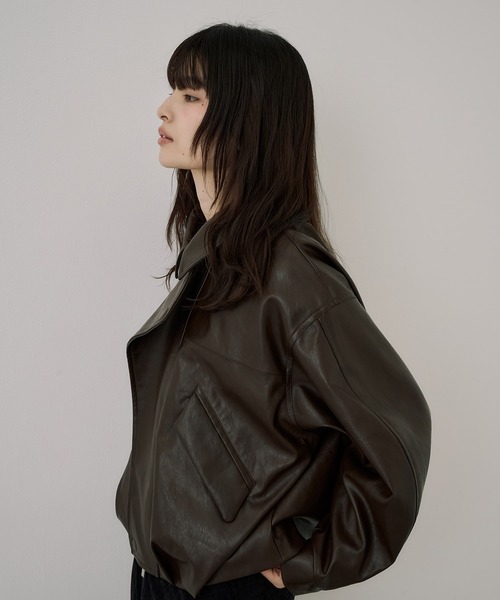 ブルゾン アウター コクーンレザーボンバージャケット｜アウター/レザーブルゾン/春服 レディースの画像