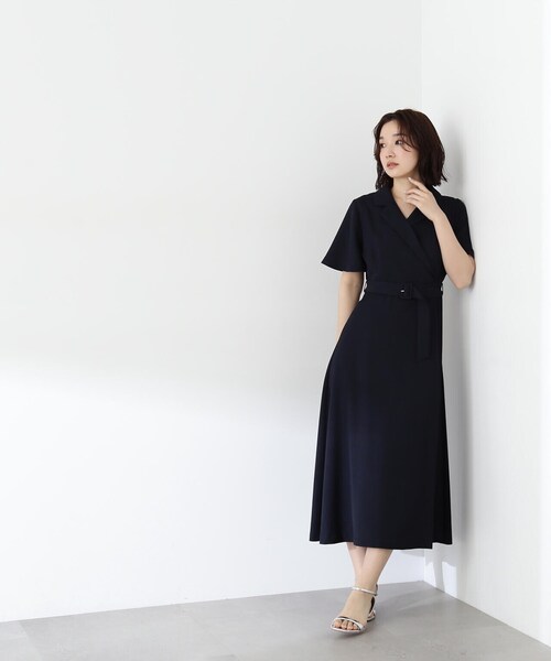 rrrENFÖLD カットソーワンピース 36 半袖 ブラック/ネイビー ハーフジップドッキングティアード半袖ワンピース│forksy.│172cm