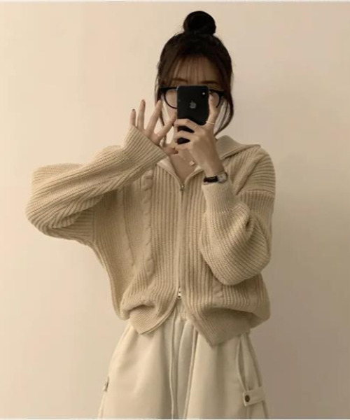 ニット セーター ダブルジップ ケーブル編みニットカーディガン