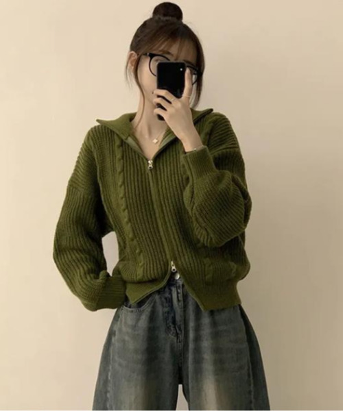 D&G ARCHIVE 11AW Y2K ジップアップ リブニット カーキ ニット セーター ダブルジップ ケーブル編みニットカーディガン