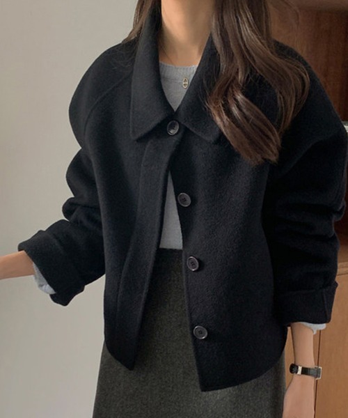 ジャケット テーラードジャケット ウール調ワイドカラーショート丈