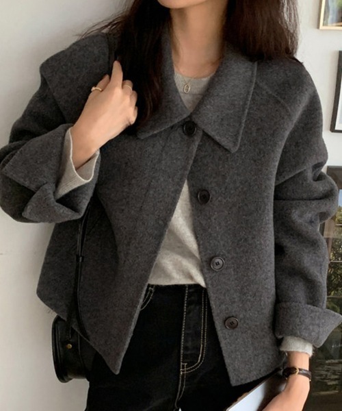 ジャケット テーラードジャケット ウール調ワイドカラーショート丈