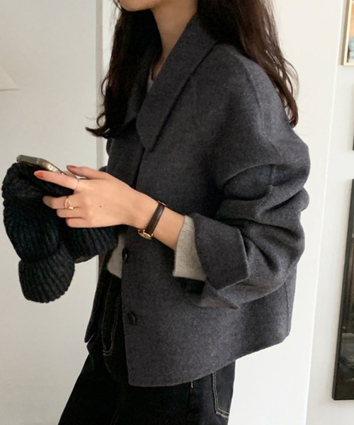 ジャケット テーラードジャケット ウール調ワイドカラーショート丈