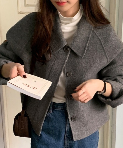 ジャケット テーラードジャケット ウール調ワイドカラーショート丈