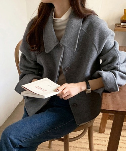 ジャケット テーラードジャケット ウール調ワイドカラーショート丈