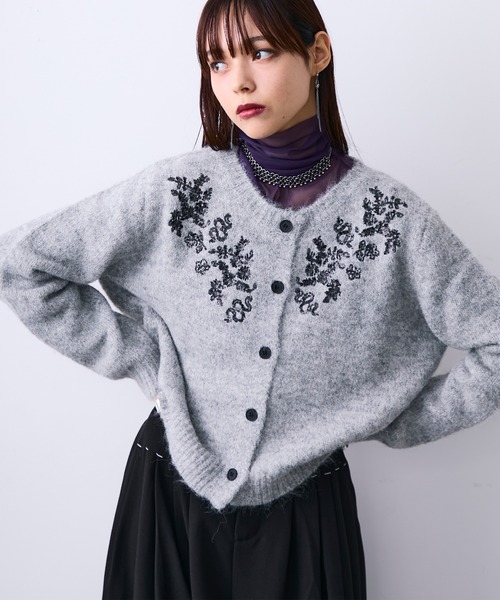 MONOe カーディガン 刺繍ビジューニットカーディガン レディース