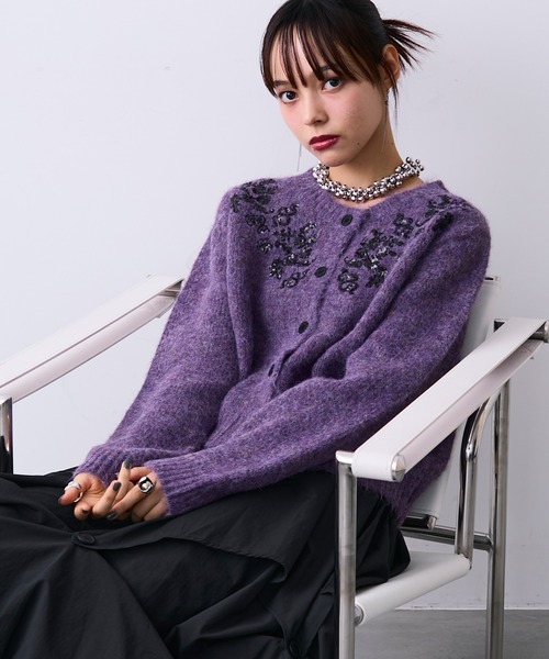 MONOe カーディガン 刺繍ビジューニットカーディガン レディース