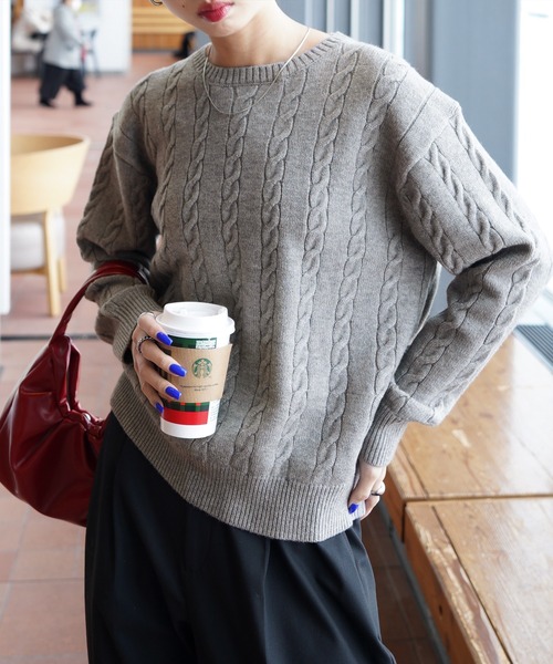 ニット セーター カラーケーブルクルーニットセーター レディース