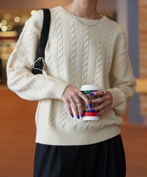 ニット セーター カラーケーブルクルーニットセーター レディース