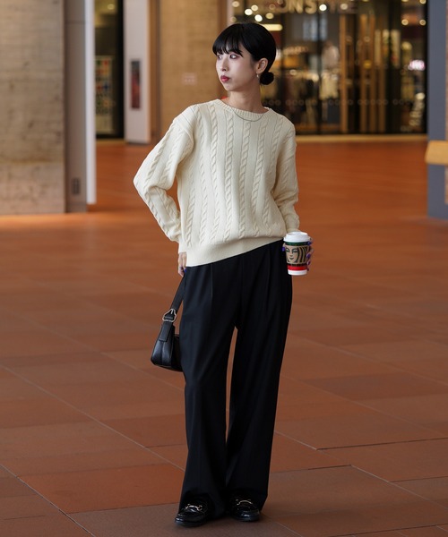 ニット セーター カラーケーブルクルーニットセーター レディース