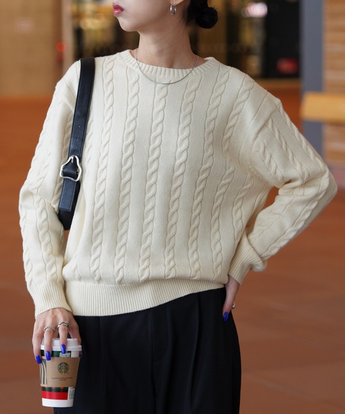 ニット セーター カラーケーブルクルーニットセーター レディース