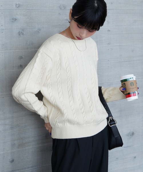 ニット セーター カラーケーブルクルーニットセーター レディース