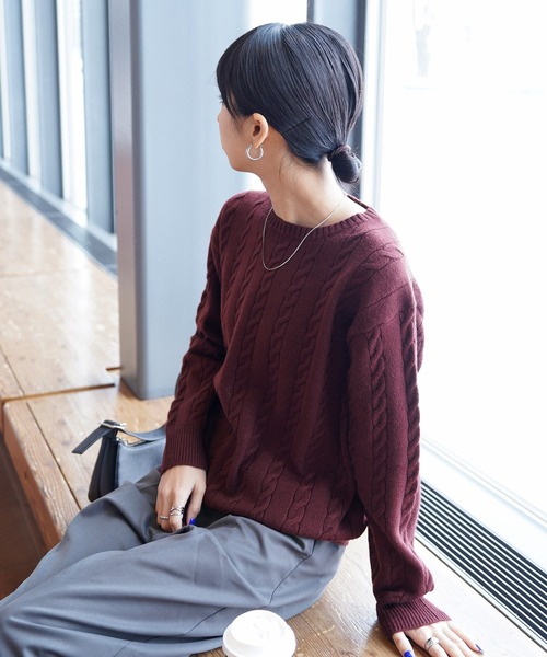 ニット セーター カラーケーブルクルーニットセーター レディース