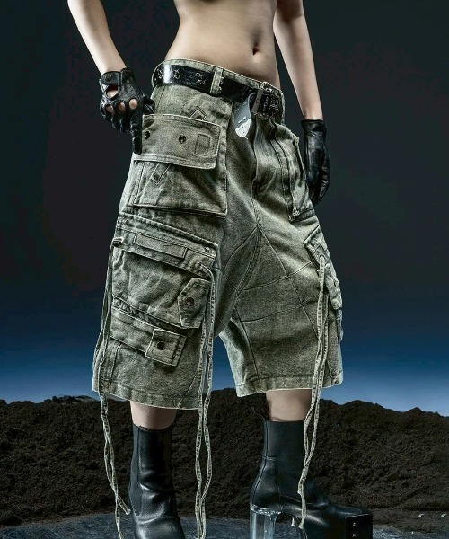 ジーンズ 「RICH」Cargo Wide Green Washed Short Pants / 「リッチ」ポケットカーゴデニムハーフパンツ