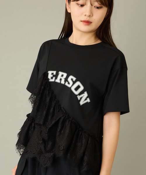 レースフリル　グレーリブ　半袖 T シャツ　レディース　スリム脚長　miu ロゴ mien tシャツ 半袖 「mien」レースフリルロゴTee レディース
