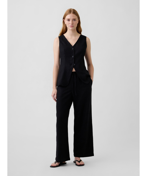 GAP リネンパンツ ブラック W33 黒 麻混 ワイド ストレート スラックス GAP（ギャップ） ワイドパンツ パンツ リラックスフィット リネン