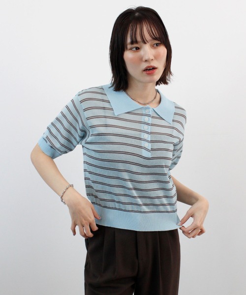 新品タグ付き　ポロラルフローレン　半袖　ポロニット　ポロシャツ　ボーダー ポロシャツ ポロ 「新登場」抜け感のあるボーダーシアーポロニット