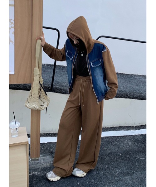 DIESELデニム クロップドフードパーカー & ワイドパンツ セットアップ FAVORITO セットアップ 切り替えデニムフード付きジャケットワイド