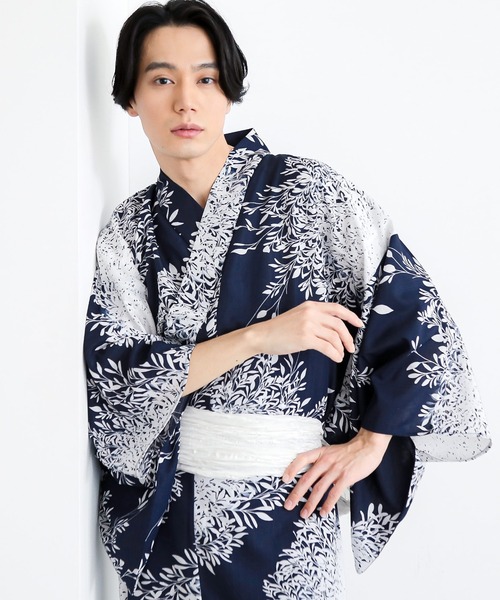 鱗紋様の浴衣　モノトーン　速乾ポリエステル KIMONOMACHI 浴衣 メンズ浴衣2点セット（ポリ浴衣＋しわ兵児帯）吸水速
