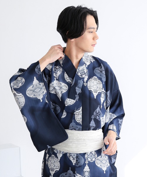 KIMONOMACHI 浴衣 メンズ浴衣2点セット（ポリ浴衣＋しわ兵児帯）吸水速