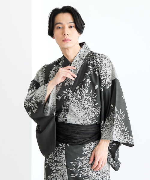 KIMONOMACHI 浴衣 メンズ浴衣2点セット（ポリ浴衣＋しわ兵児帯）吸水速