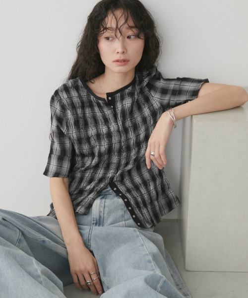 Aunt Marie's（アントマリーズ） tシャツ シャーリングチェックハーフ
