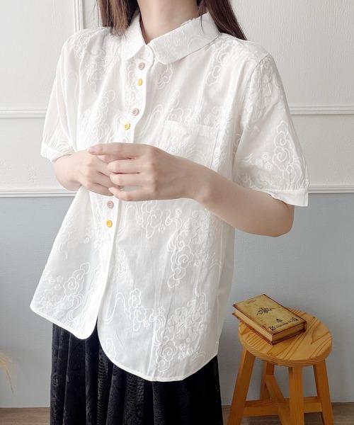 Nana ブラウス シャツ 半袖 カラフルボタン刺繍シャツ レディース