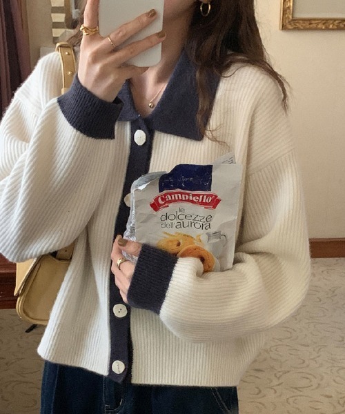 deux amour カーディガン バイカラー襟付き前釦ニットカーデ