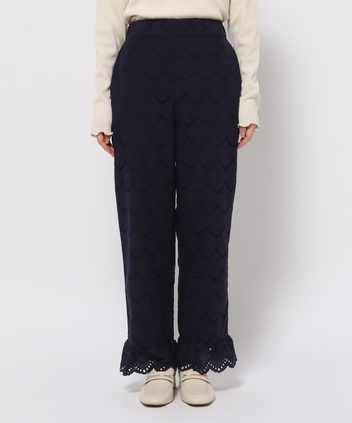 新品未使用品　高山直子さんコラボ刺繍レースストレートパンツ Sサイズ　ネイビー GLOBAL WORK パンツ 高山直子さんコラボ/刺繍レースストレート