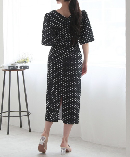 りいあ♡トゥービーシック♡シャンブレーデニムフリルスリーブ ワンピース44 Julia Boutique ワンピース ドット柄バルーンスリーブタイト
