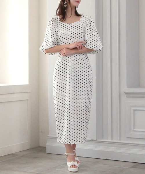 ドットバルーンスリーブワンピースエレガント Julia Boutique ワンピース ドット柄バルーンスリーブタイト