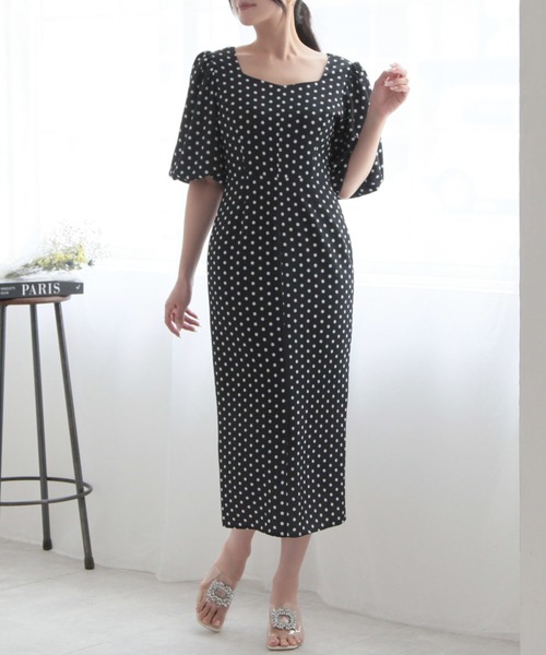 ドットバルーンスリーブワンピースエレガント Julia Boutique ワンピース ドット柄バルーンスリーブタイト