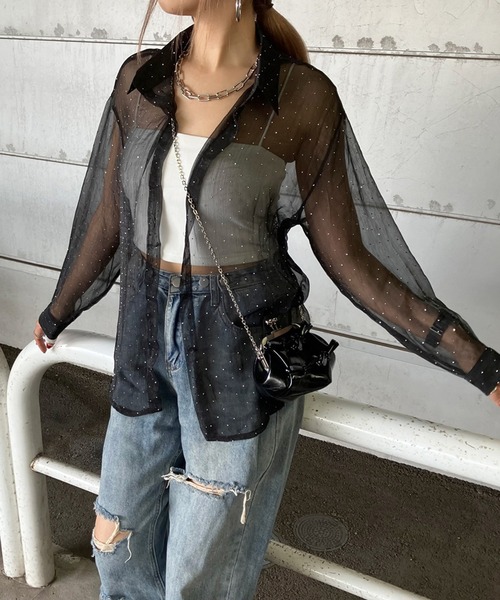 seyto サイズ1 / ラインストーンベロアシアーシャツ seyto（セイト）の「Rhinestone velours sheer shirt / ライン