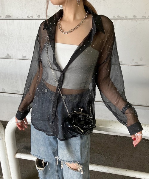 non-hedge（ノンヘッジ） ブラウス シャツ ラインストーン付シアー