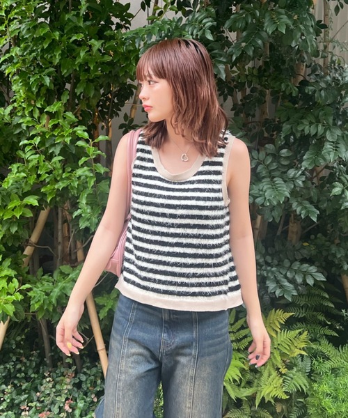 タンクトップ ノースリーブ back slit shaggy border tank top