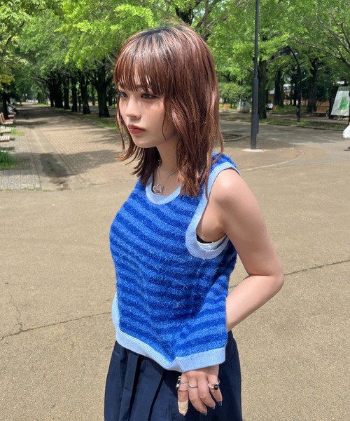 タンクトップ ノースリーブ thin border tank top レディース タンクトップ ノースリーブ back slit shaggy border tank top