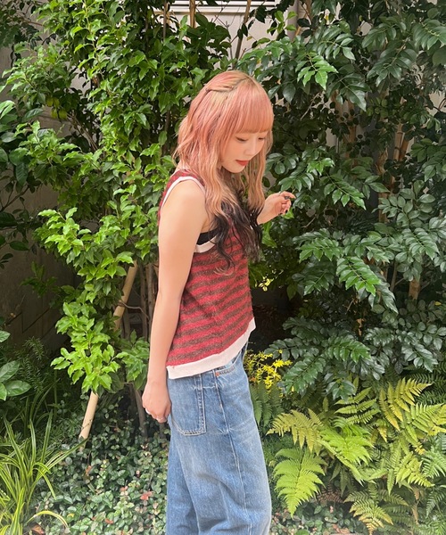 タンクトップ ノースリーブ back slit shaggy border tank top