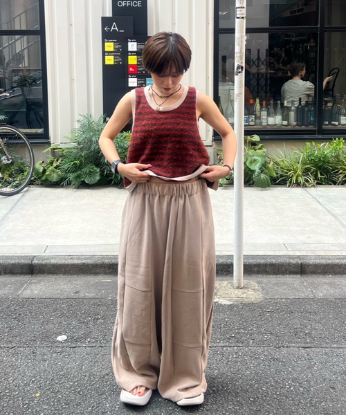 タンクトップ ノースリーブ back slit shaggy border tank top