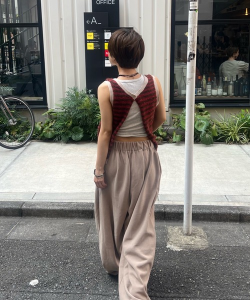 タンクトップ ノースリーブ back slit shaggy border tank top