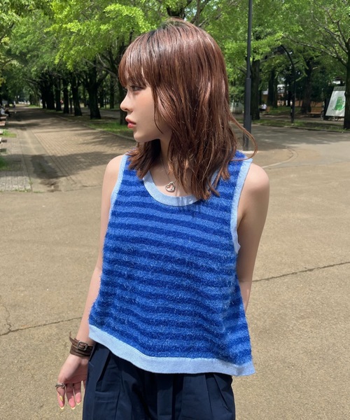 タンクトップ ノースリーブ back slit shaggy border tank top