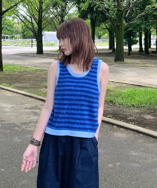 タンクトップ ノースリーブ back slit shaggy border tank top