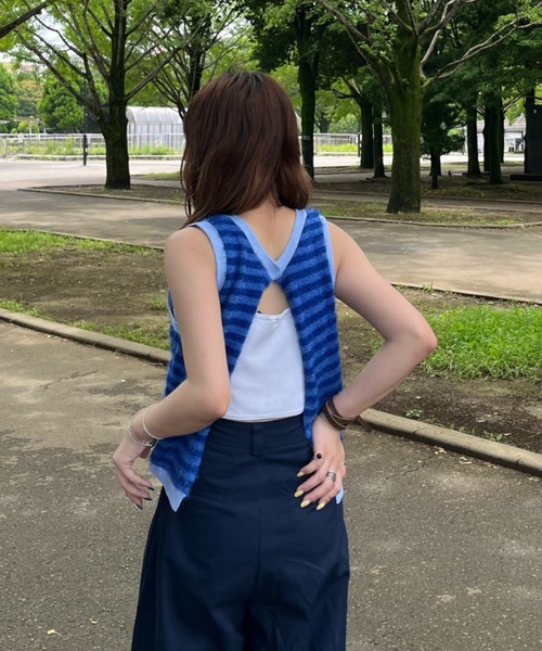 タンクトップ ノースリーブ thin border tank top レディース タンクトップ ノースリーブ back slit shaggy border tank top