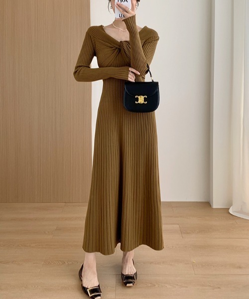 HERMES ロングワンピース ベルトネック ステッチデザイン