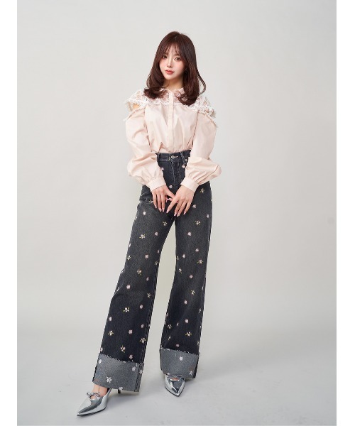 Darich ブロックレースドッキングブラウス Darich ブラウス シャツ ブロックレースドッキングブラウス